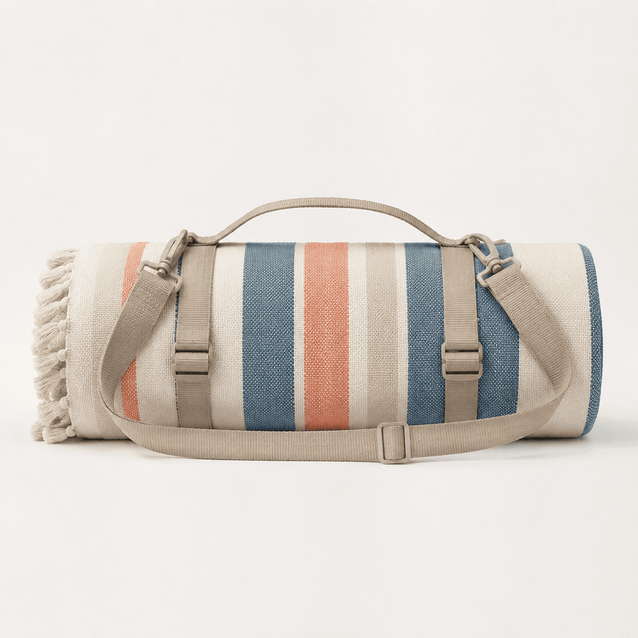 Beach Blanket Strap — Adjustable strap that carries a rolled blanket over the shoulder.