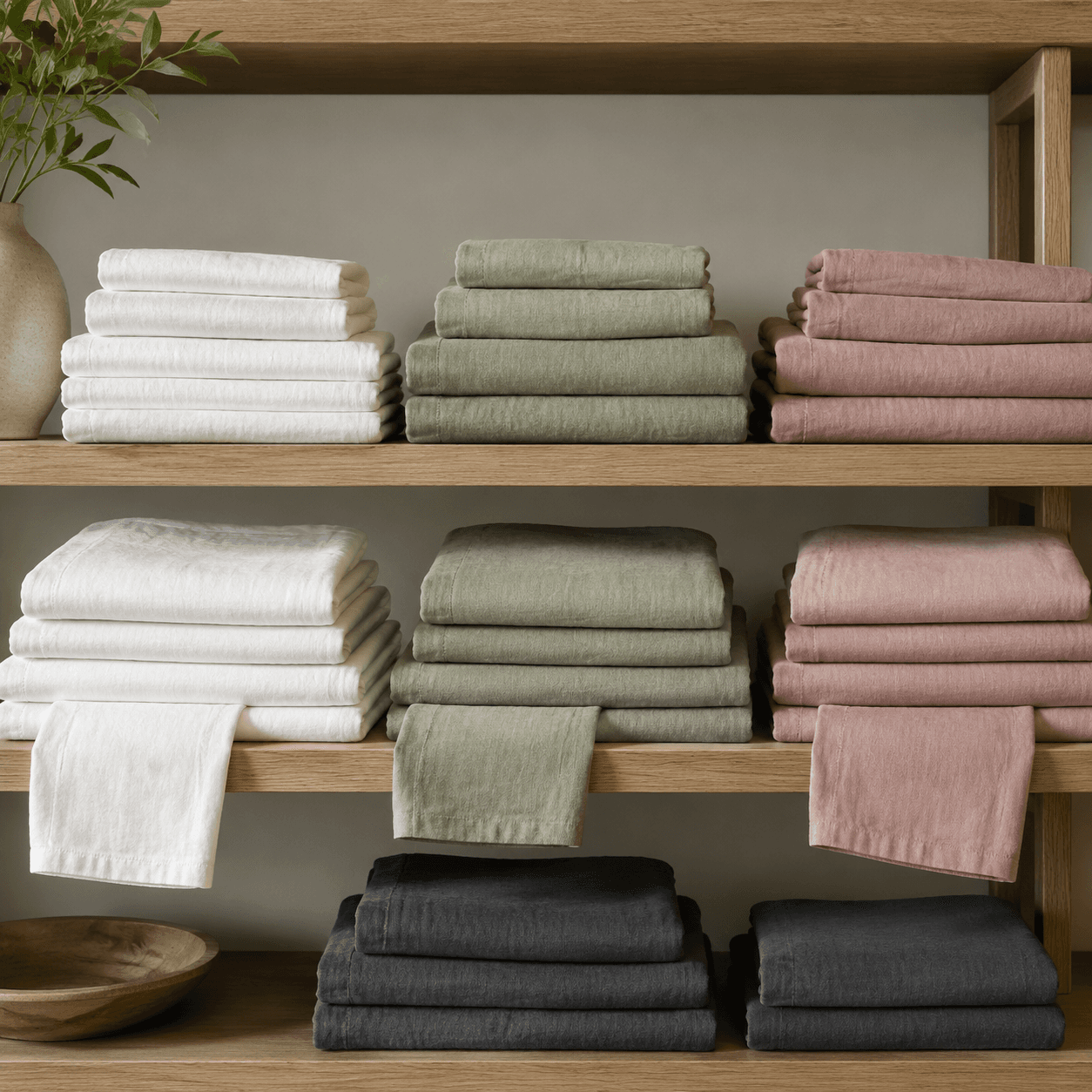 Folded stacks of plain neutral table linens on open shelving