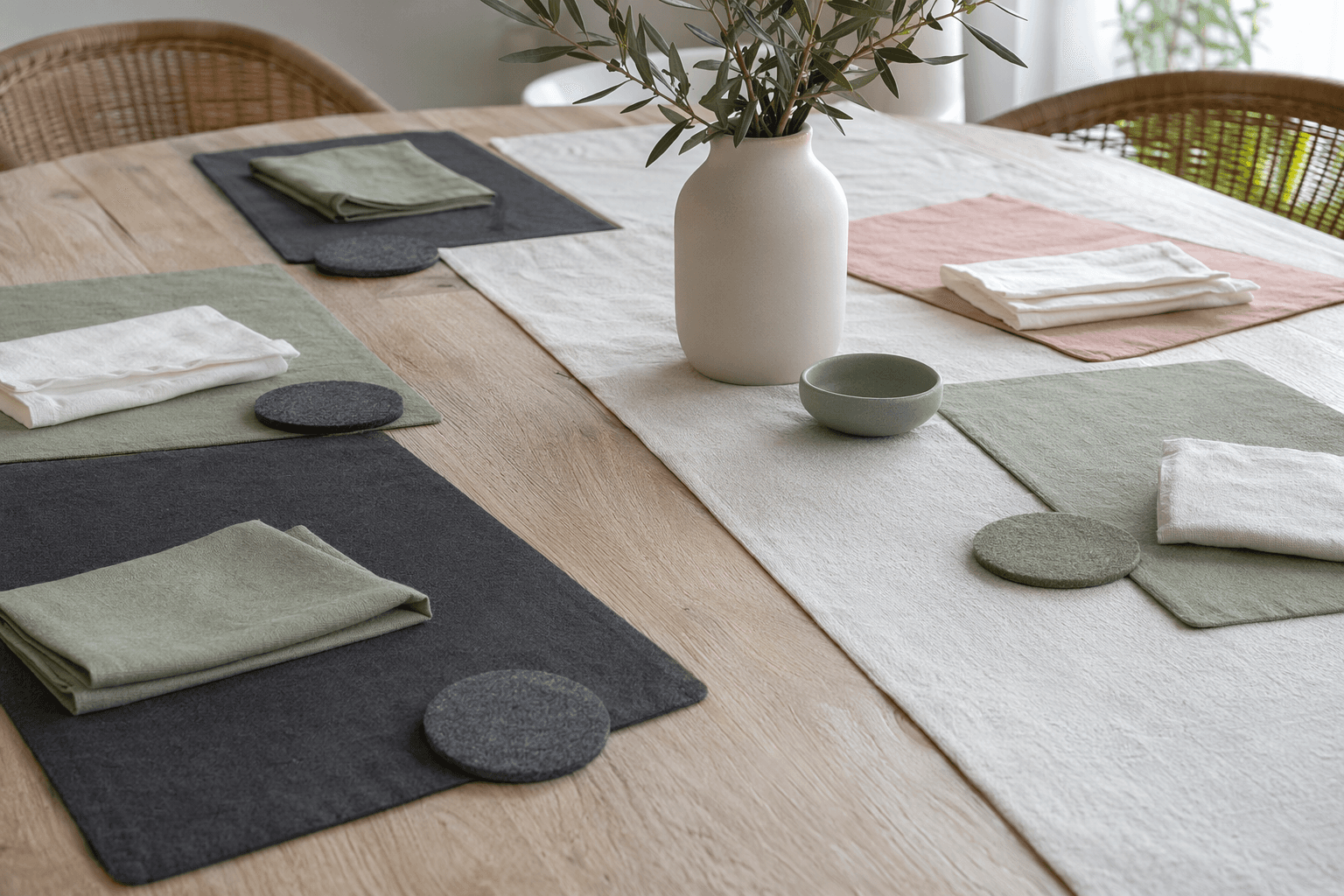 A naturally lit table dressed with plain placemats, napkins and a runner